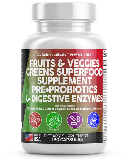 Clean Nutraceuticals Fruits and Veggies Supplement Reds & Green Superfood - Balance of Over 70 Fruit & Vegetable Supplements Capsules with Probiotics Prebiotics
