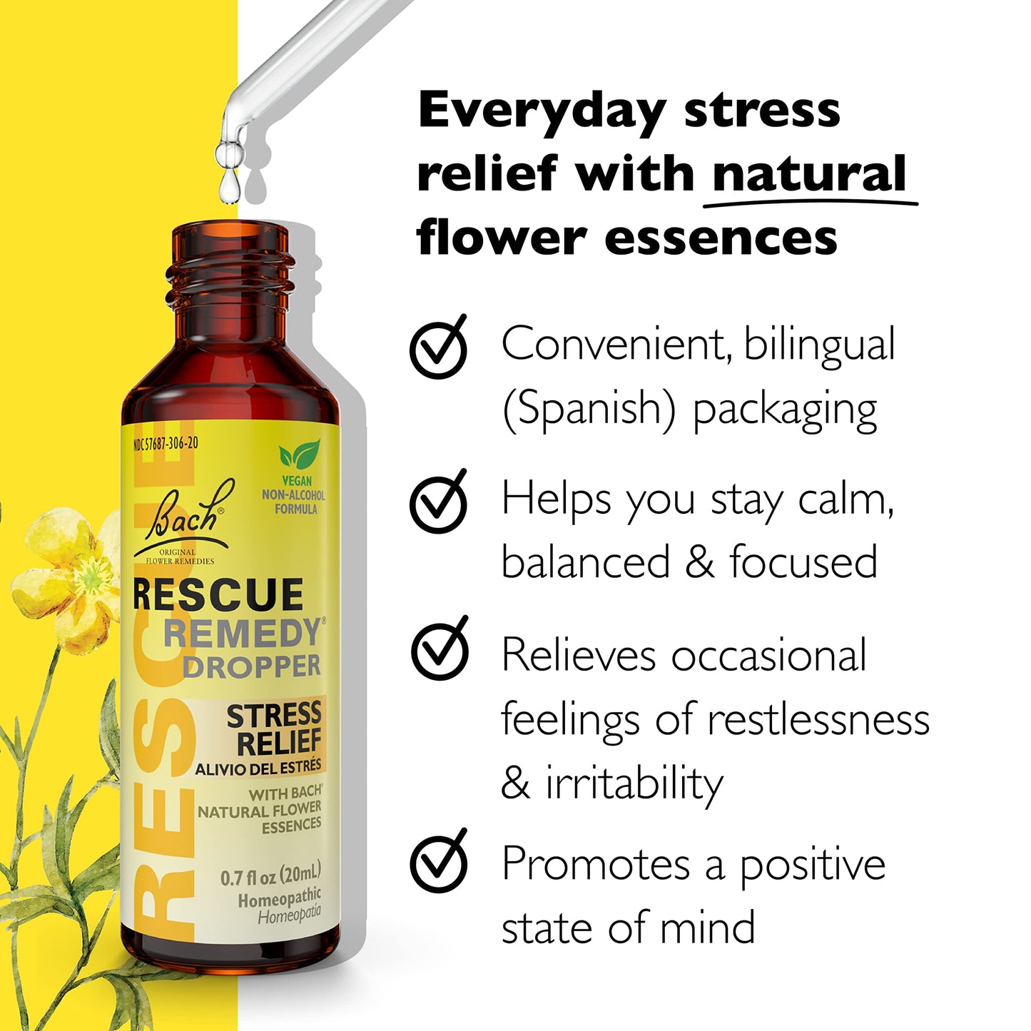 RESCUE Bach Remedy Dropper 20mL, Natural Stress Relief, Homeopathic Flower Essence, Vegan, Gluten & Sugar-Free, Non-Habit Forming (Non-Alcohol Formula)