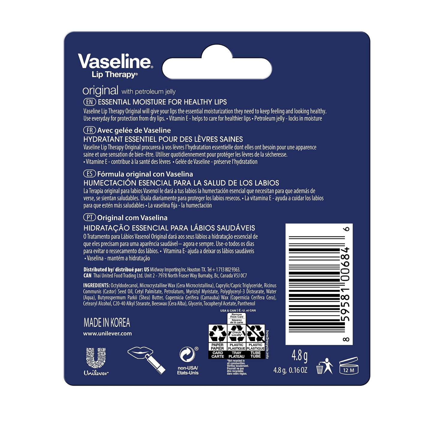 Vaseline Lip Therapy Care Original, Fast-Acting Nourishment, Ideal for Chapped, Dry, Cracked, or Damaged Lips