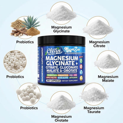 Clean Nutra Magnesium Glycinate Citrate Malate Orotate Taurate Supplement Complex + 10 Strain Probiotic Prebiotics FOS GOS Inulin Sleep Calm Support Apple Pectin – 120 Vegan Capsules Clean Nutraceuticals buy supplements Au