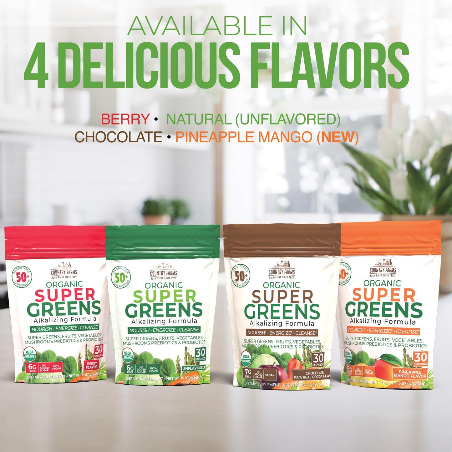 Country Farms Super Greens Berry Flavor, 50 Organic Super Foods, USDA Organic Drink Mix (Wheat Grass, Spirulina, Chlorella) Mushrooms & Probiotics, with Fiber, Gut Health, Natural Energy, 30 Servings Country Farms buy supplements Au