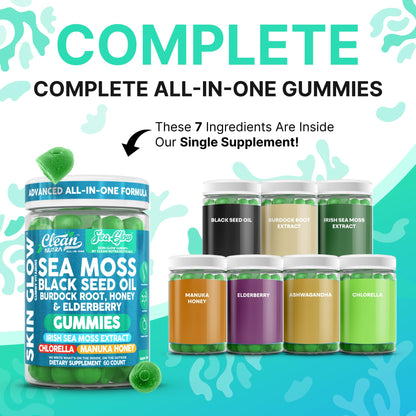 Clean Nutra Sea Moss Gummies Black Seed Oil Chlorella Ashwagandha Root Hair Growth Skin Glow Irish Sea Moss Elderberry Burdock Manuka Honey Trace Minerals Detox 60 Gummy Vitamins Sea Glow Supplement Clean NutraceuticalsBuy Supplements Australia