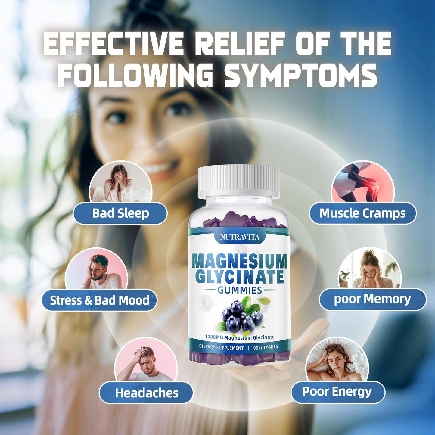 Magnesium Glycinate Gummies 1000mg with Magnesium L-Threonate,Chelated Magnesium Potassium Complex Supplement with VitD, B6, CoQ10, Calcium,Supports for Memory