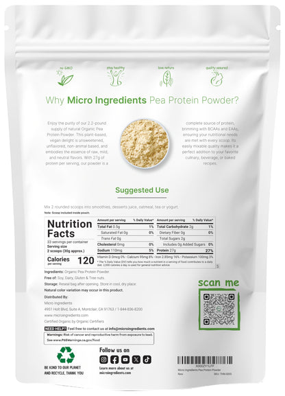 North America Grown, Organic Pea Protein Powder, 1KG (2.2 Pounds) | Plant-Based Vegan Protein, Meatless Protein Supplement, Natural Branched Chain Amino Acids | Non-GMO, Soy Free