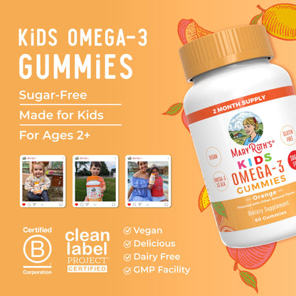 MARYRUTH'S Vegan Omega 3 Gummies for Kids 2+, 2 Month Supply, Sugar Free, Omega 3 Supplement with Vitamin C, Flaxseed Oil, Immune Support