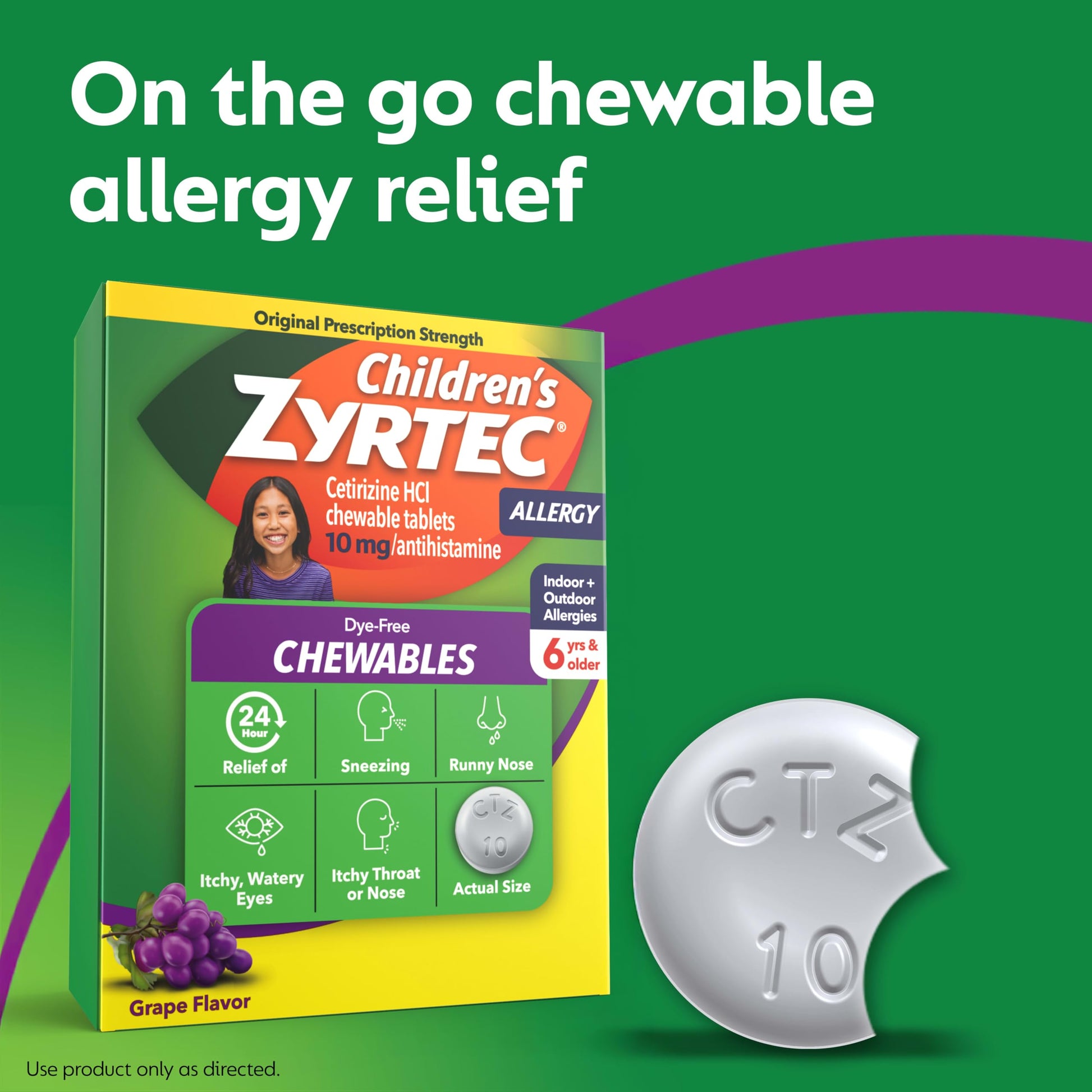 Zyrtec Children's Dye-Free Chewables for 24 Hour Allergy Relief, 10 mg Cetirizine Hydrochloride Antihistamine Tablets, Kids Allergy Medicine Relieves Sneezing & Itchy Throat, Grape, 48 ct Zyrtec buy supplements Au