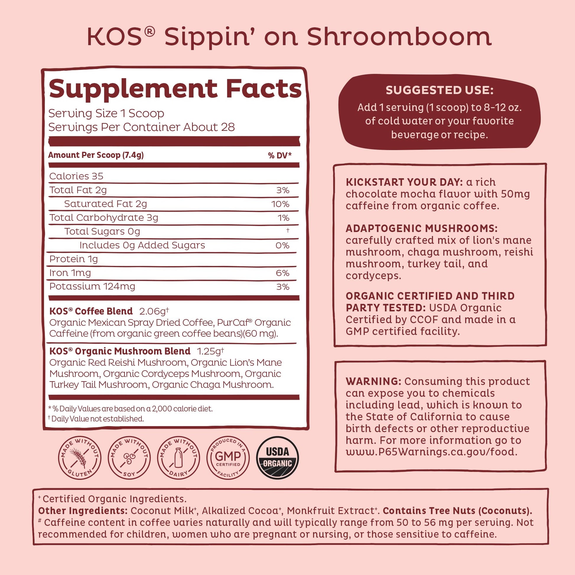 KOS Mushroom Coffee - USDA Certified Organic - Dark Chocolate Mocha Flavor - Mushroom Coffee Latte Powder with Reishi, Cordyceps, Lion's Mane, Chaga & Turkey Tail Mushrooms KOS buy supplements Au