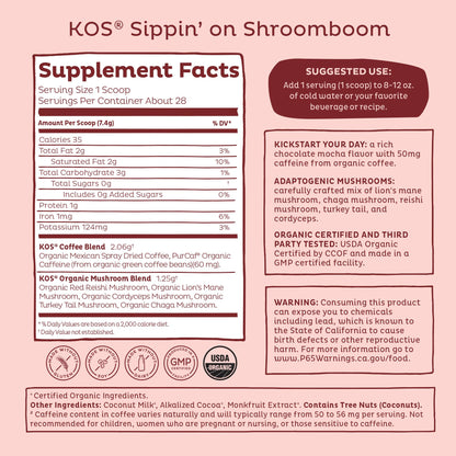 KOS Mushroom Coffee - USDA Certified Organic - Dark Chocolate Mocha Flavor - Mushroom Coffee Latte Powder with Reishi, Cordyceps, Lion's Mane, Chaga & Turkey Tail Mushrooms KOS buy supplements Au