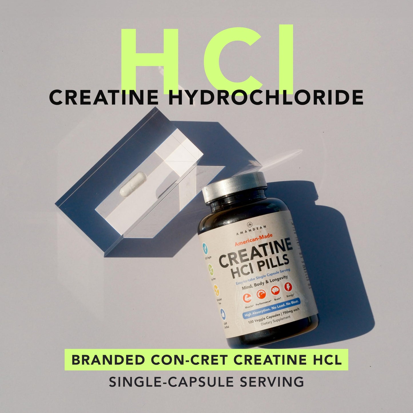 AMANDEAN Creatine HCl Pills. American Made CON-CRET. 120 Capsules. 7X Concentrated. No Bloat. Muscle, Energy, Cognitive, Recovery Support for Men & Women. Gluten Free, Non-GMO.