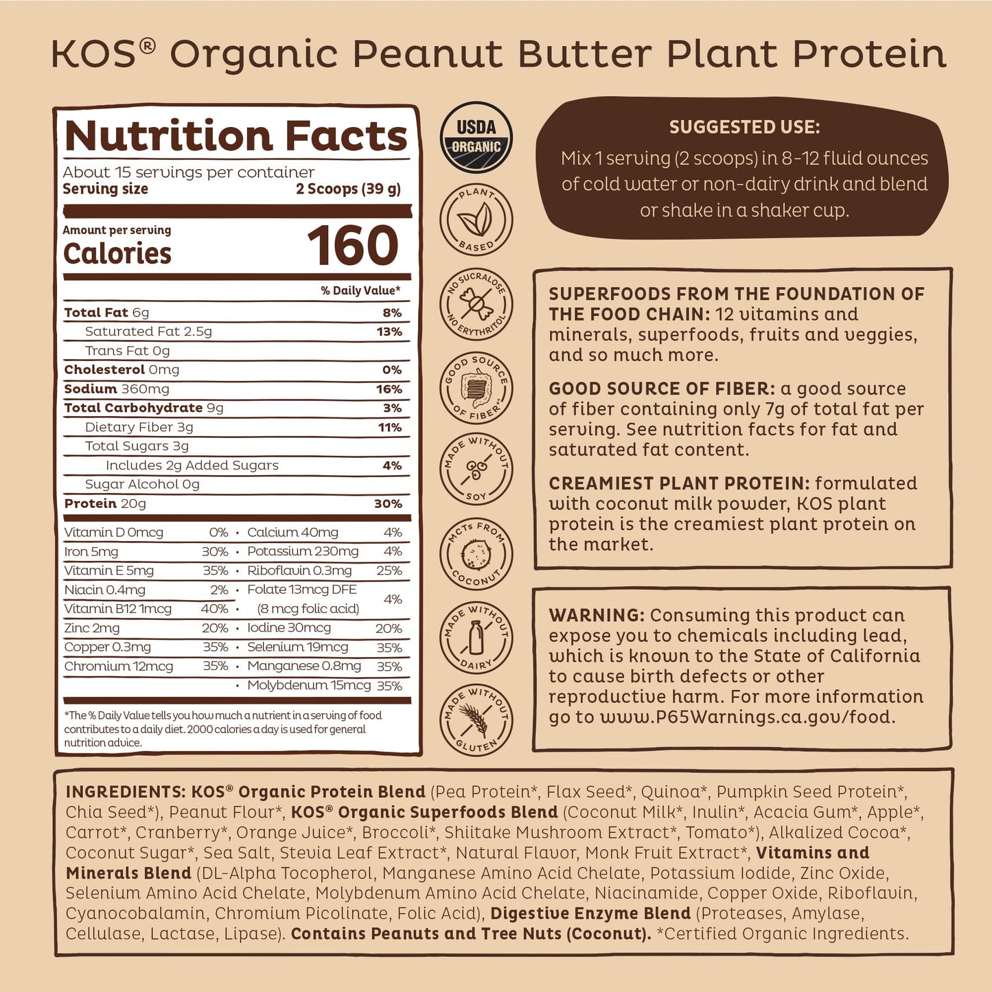 KOS Organic Plant Based Protein Powder, Chocolate Peanut Butter - Delicious Vegan Protein Powder - Keto Friendly, Gluten Free, Dairy Free & Soy Free - 15 Servings KOS buy supplements Au