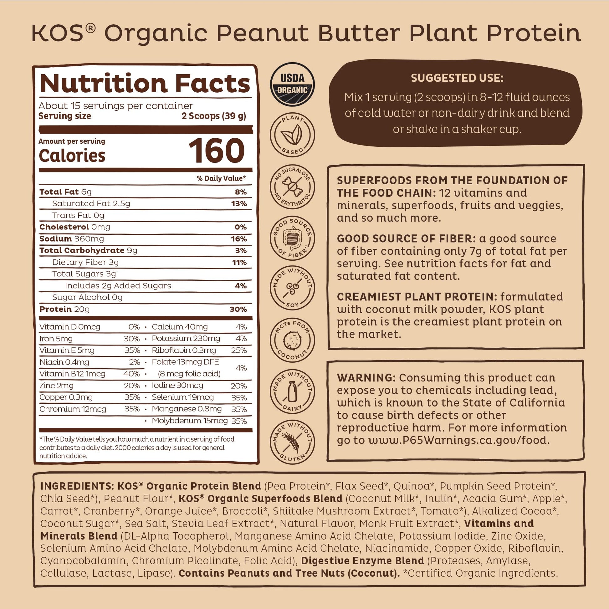 KOS Organic Plant Based Protein Powder, Chocolate Peanut Butter - Delicious Vegan Protein Powder - Keto Friendly, Gluten Free, Dairy Free & Soy Free - 15 Servings KOS buy supplements Au