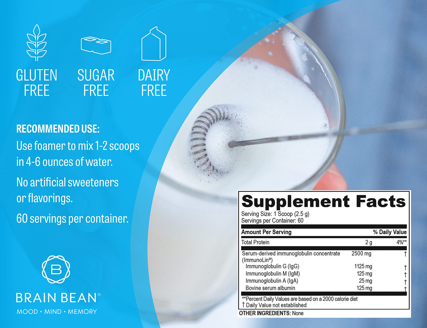 Brain Basics Ultra Pure IgG Supplement - Dairy-Free Supplement IgG-Immunolin Powder, Blended Vitamin & Mineral Supplements, 150g, 60 Servings Brain Bean buy supplements Au