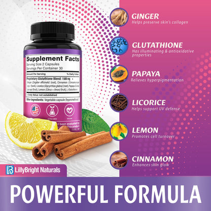 Glutathione Capsules - 1,500mcg L-Glutathione Supplement with Vitamin C - Skin Tone Enhancer - Targets Dark Spots & Acne Marks - Antioxidant Supplement for Beauty & Health Support - 60 Skin Pills LB LILLYBRIGHT NATURALSBuy Supplements Australia