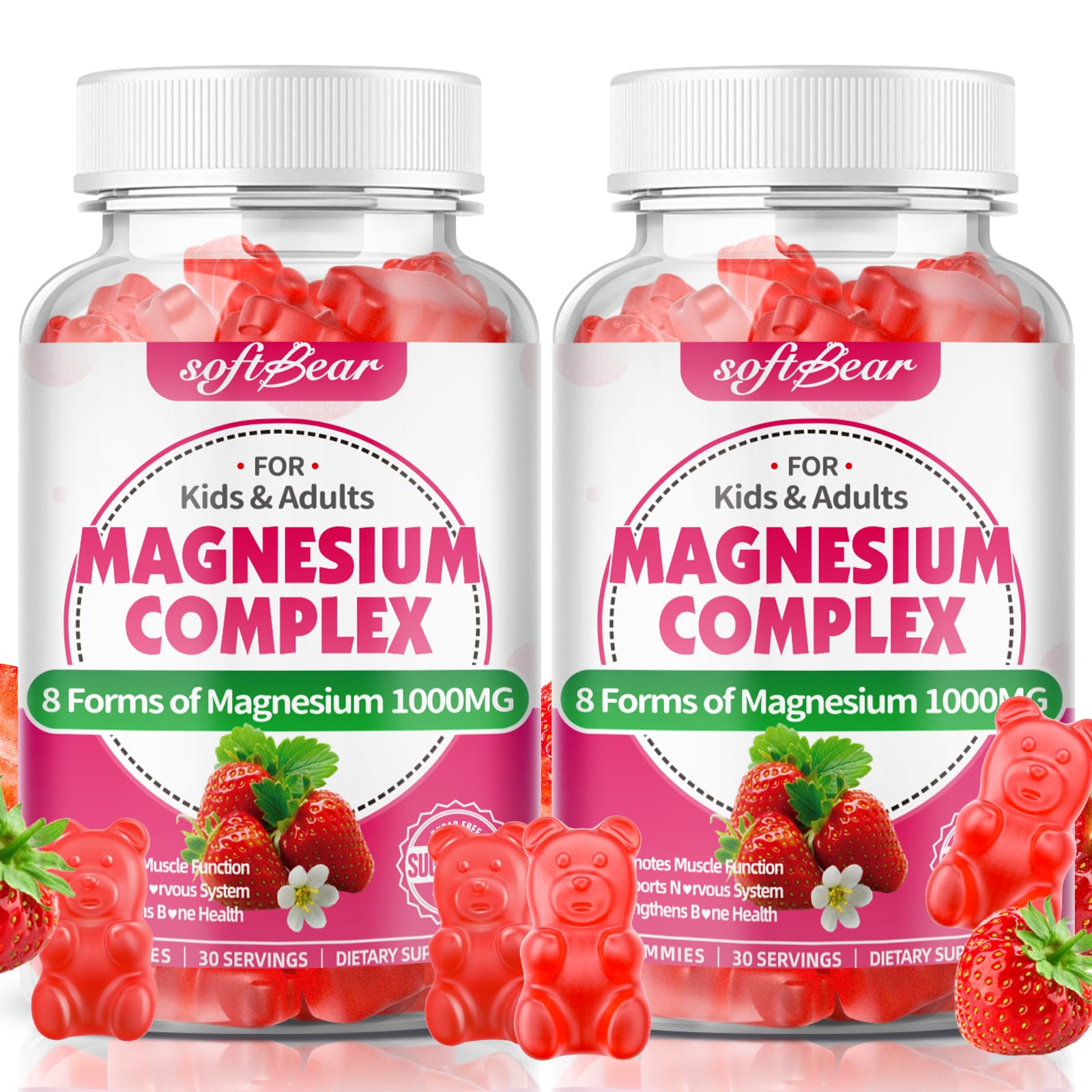 Two bottles of softBear magnesium complex gummy bears on a white background