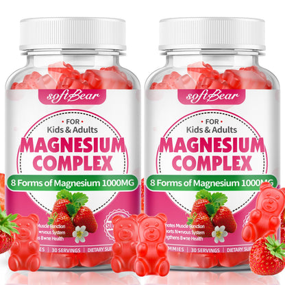 Two bottles of softBear magnesium complex gummy bears on a white background