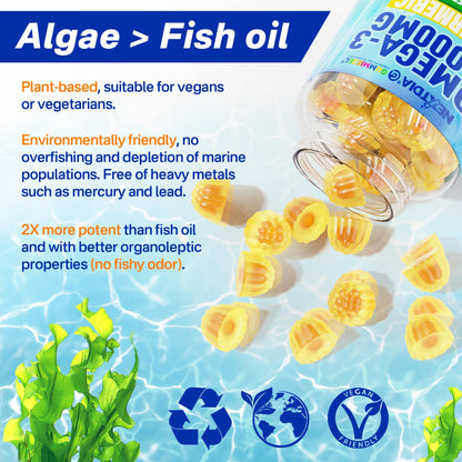Vegan Omega-3 Gummies 1000mg + Turmeric - Omega 3 Fish Oil Alternative for Adults - Algae DHA 600mg & EPA 300mg