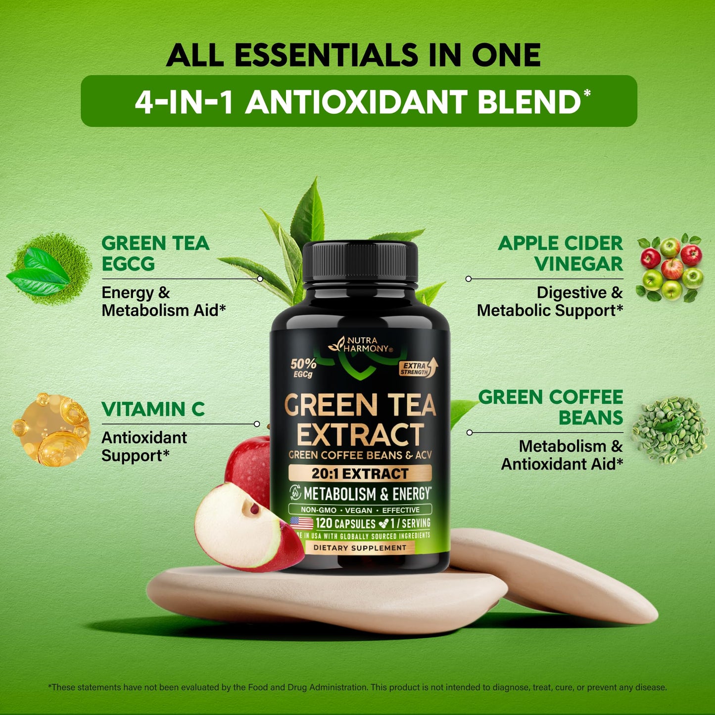 Green Tea Extract - 50% EGCG, Extra Strength 20:1 Extract - Natural Green Tea Supplement + Green Coffee Beans & Apple Cider Vinegar - Energy & Metabolism Support