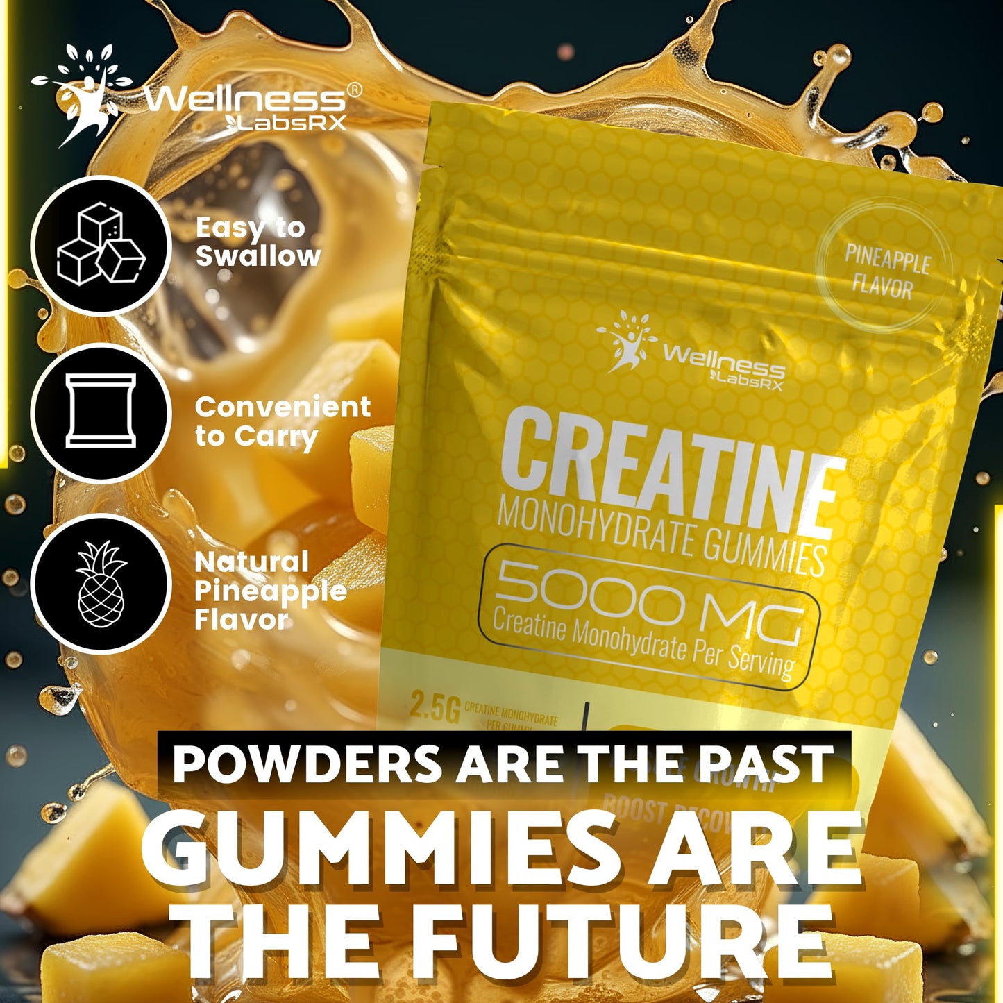 Creatine Gummies 5000mg, 30 Servings Creatine Monohydrate Gummies - Third-Party Tested Creatine for Women, Pineapple Flavor Creatine for Men, Muscle Growth,