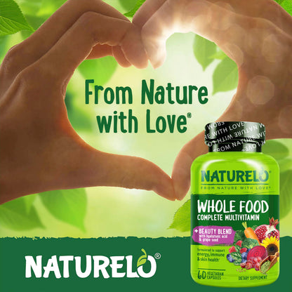 NATURELO Whole Food Multivitamin with Extra Hair, Skin and Nails Support - Beauty Blend with Hyaluronic Acid & Grape Seed - High Potency Biotin, Vitamin C