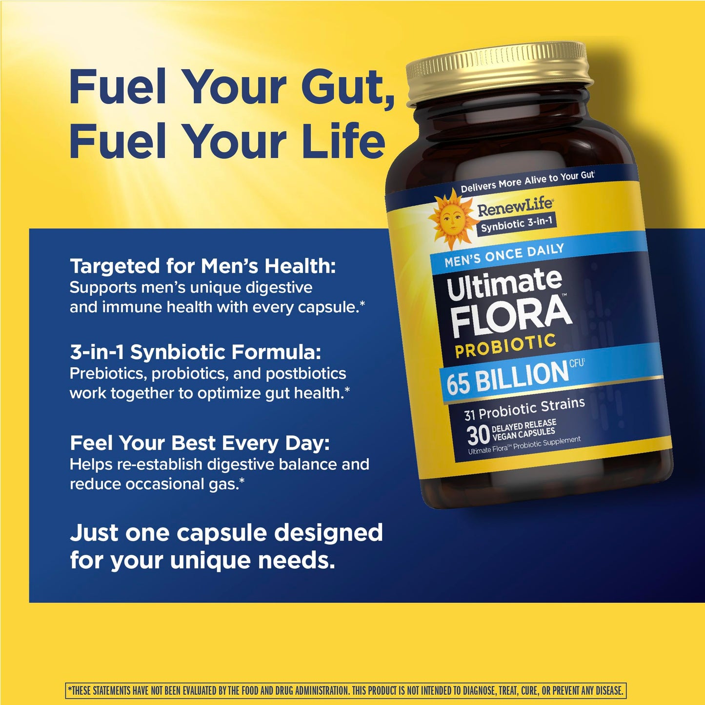 Renew Life Ultimate Flora Probiotics for Men 65 Billion CFU Delayed Release Vegan Capsules | Digestive Health | Immune Health | Dairy Free | 30 Count