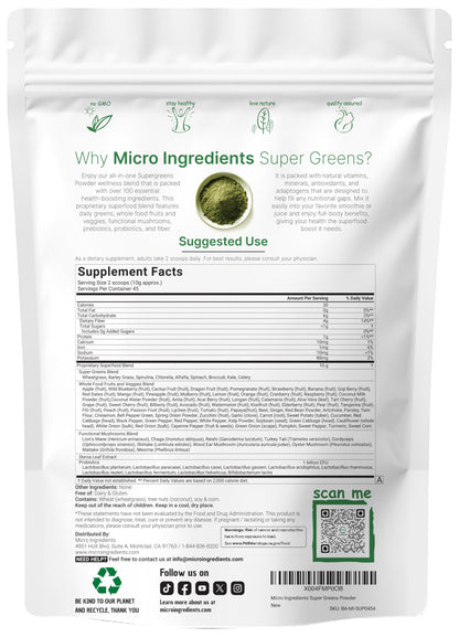 Micro Ingredients Super Greens Powder, 1lb | 100 Superfood Blend with Daily Greens, Probiotics, Fruits, Vegetables & Mushrooms | Source of Vegan Protein & Enzymes