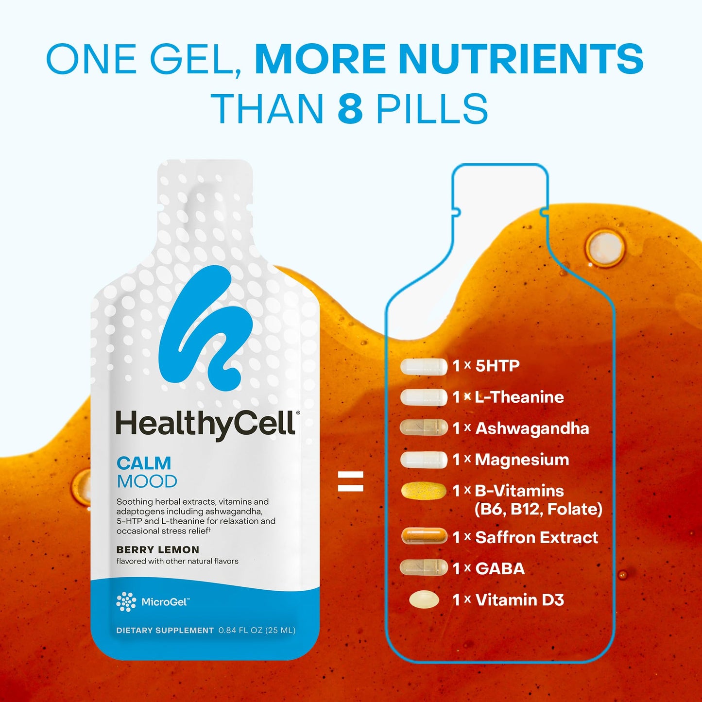 Healthycell Calm Mood Daily Liquid Supplement - Cortisol Manager & Mood Support Supplement for Stress with Ashwagandha, L-Theanine, Magnesium, 5-HTP, GABA & Saffron - 14 Gel Packs