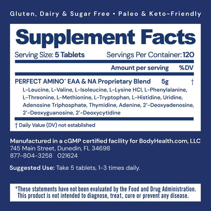 BodyHealth PerfectAmino, Essential Amino Acid with BCAAs + Lysine, Phenylalanine, Threonine, Methionine, Tryptophan, Supplement for Muscle Mass Production,