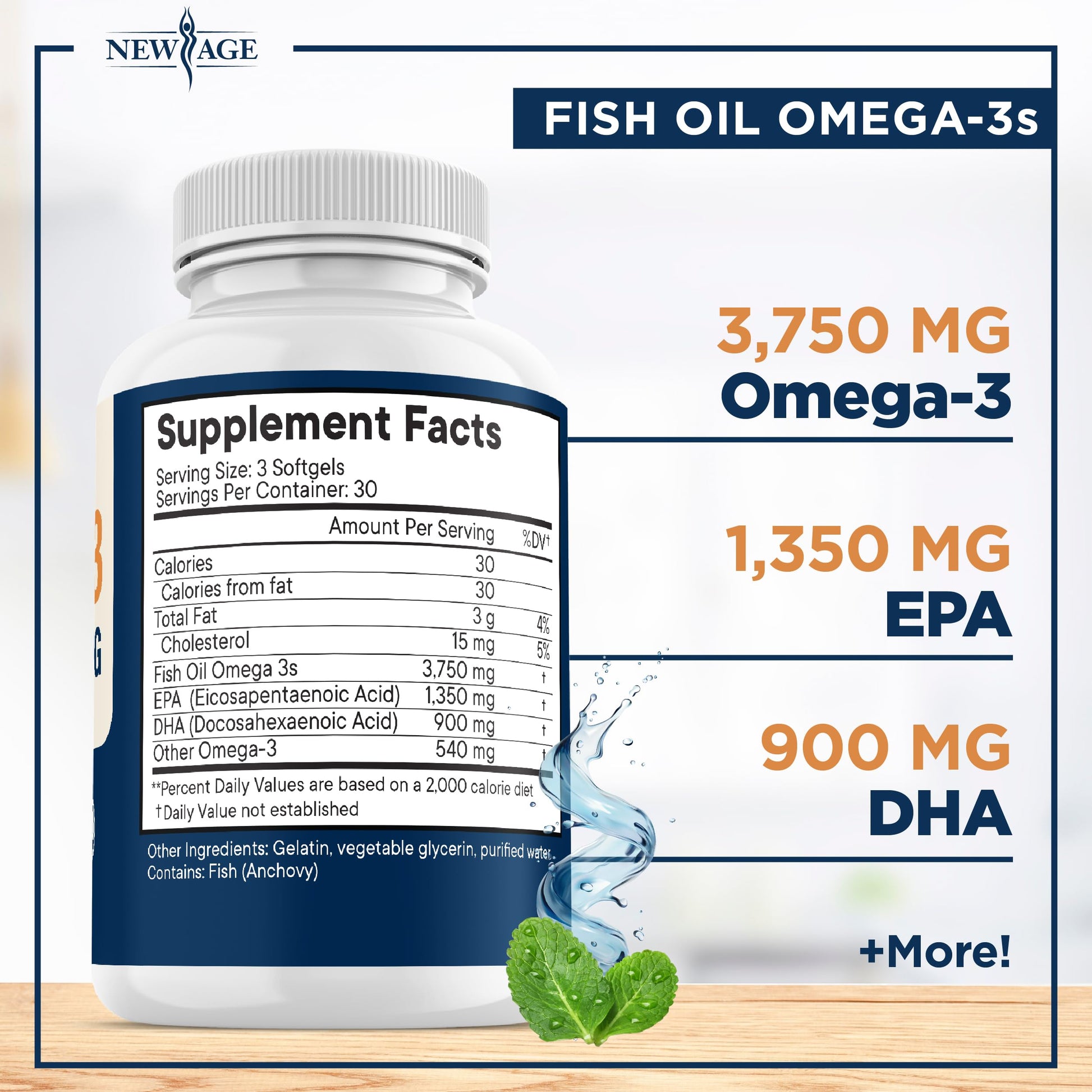 Triple Strength Omega 3 Fish Oil 3750 mg - EPA & DHA - Over 3000mg Omega-3 Fatty Acids - 1350mg EPA + 900mg DHA - Best Essential Fatty Acids, Burpless Fish Oil - 180 Count NEW AGE buy supplements Au