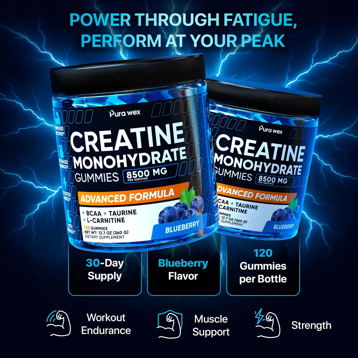 PURA WEX NUTRITION Creatine Monohydrate Gummies 8500mg Complex for Men & Women - Pre Workout Creatine Chews for Muscle Growth, Strength & Energy,
