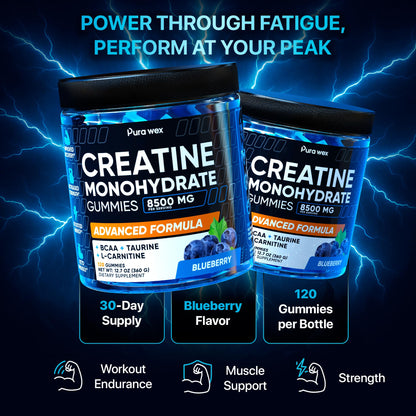 PURA WEX NUTRITION Creatine Monohydrate Gummies 8500mg Complex for Men & Women - Pre Workout Creatine Chews for Muscle Growth, Strength & Energy,