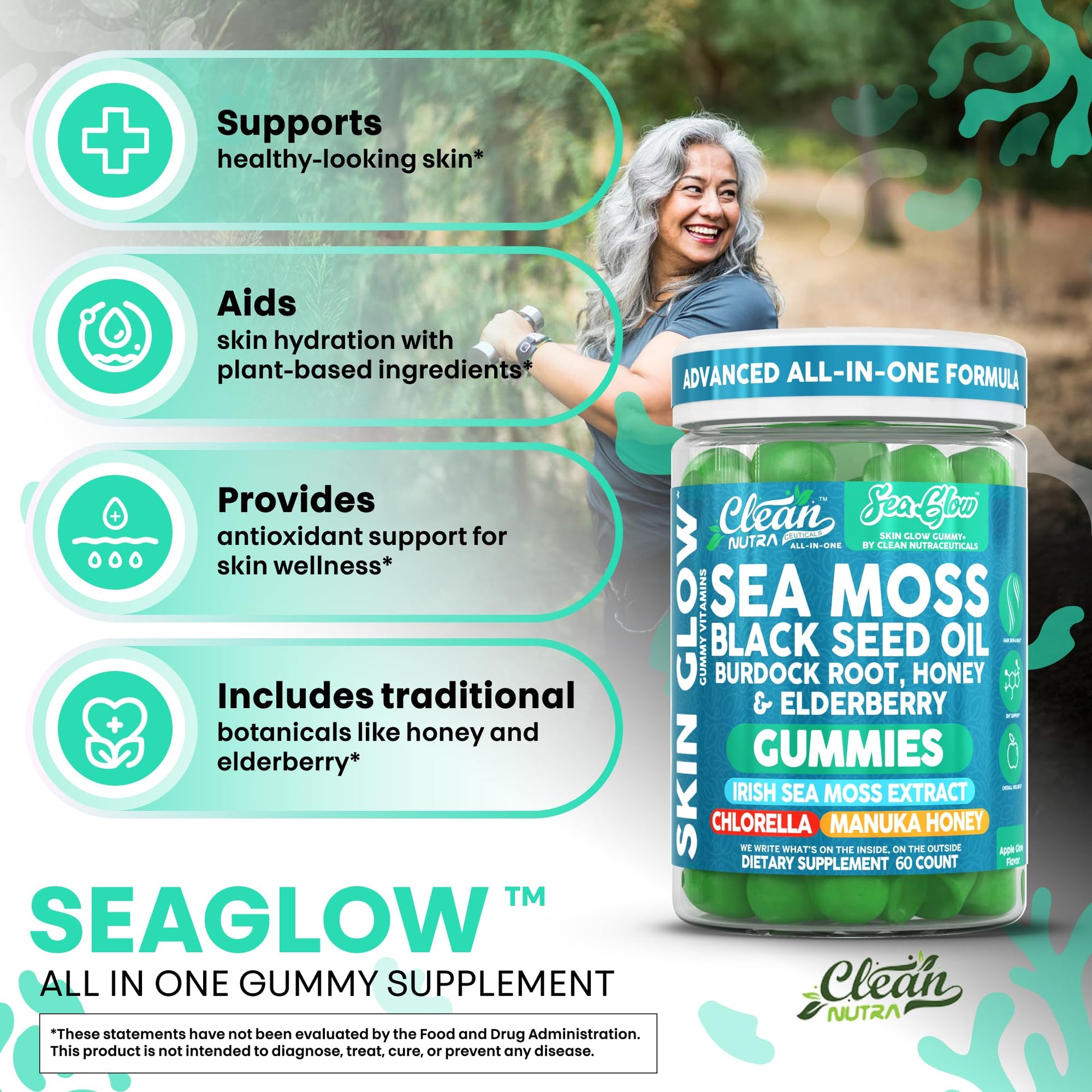 Clean Nutra Sea Moss Gummies Black Seed Oil Chlorella Ashwagandha Root Hair Growth Skin Glow Irish Sea Moss Elderberry Burdock Manuka Honey Trace Minerals Detox 60 Gummy Vitamins Sea Glow Supplement Clean NutraceuticalsBuy Supplements Australia