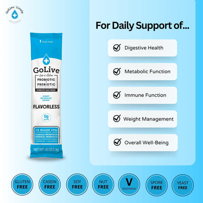 GoLive Prebiotic & Probiotic for Women, Men, Kids. Flavor-Free, Sugar-Free, Synbiotic Powder w/ GOS, L-Glutamine, Vitamin D3, Electrolytes. For Gut Health, Digestion, Metabolism, Immunity 15-50B CFUs. GoLive buy supplements Au