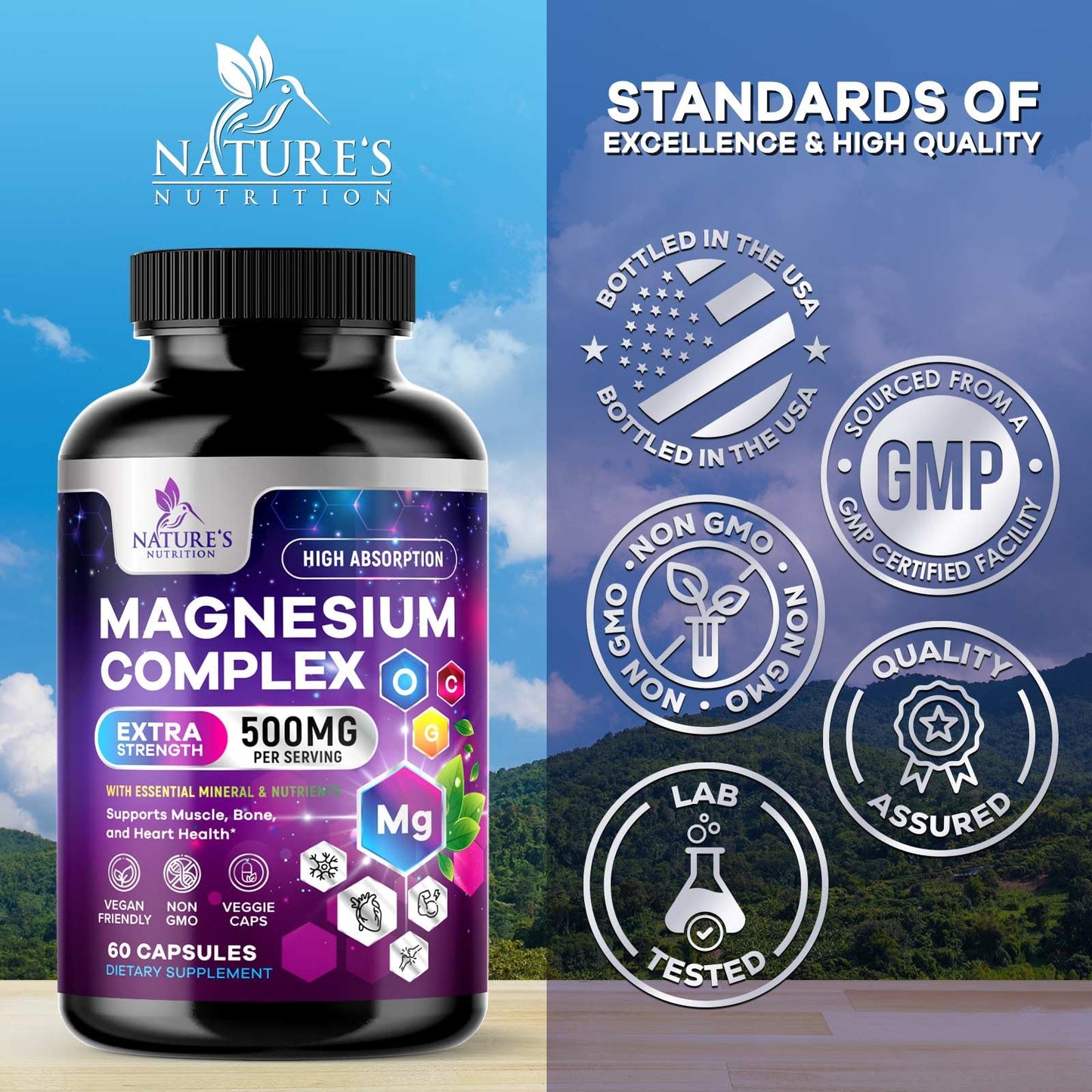 Magnesium Complex Supplement - Magnesium 500 mg Per Serving - 4 in 1 High Absorption Blend - 100% Chelated Magnesium Glycinate with Malate, Citrate & Oxide - Vegan Complex - USA Bottled - 60 Capsules Nature's Nutrition buy supplements Au