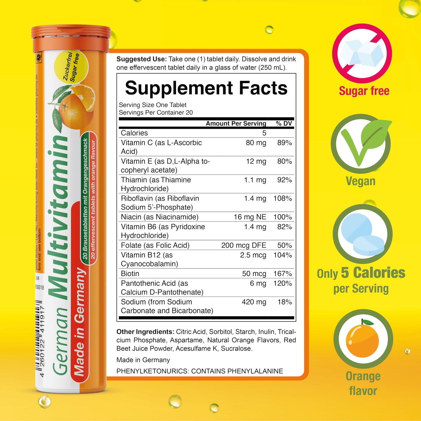 T&D German Multivitamin Drink Effervescnet Tablets 140 Servings Orange Flavour - Vitamin C, E, B1, B2, B6, B12, Biotin, Folic Acid, Niacin, Pantothenic Acid Pharma – Made in Germany T&D buy supplements Au