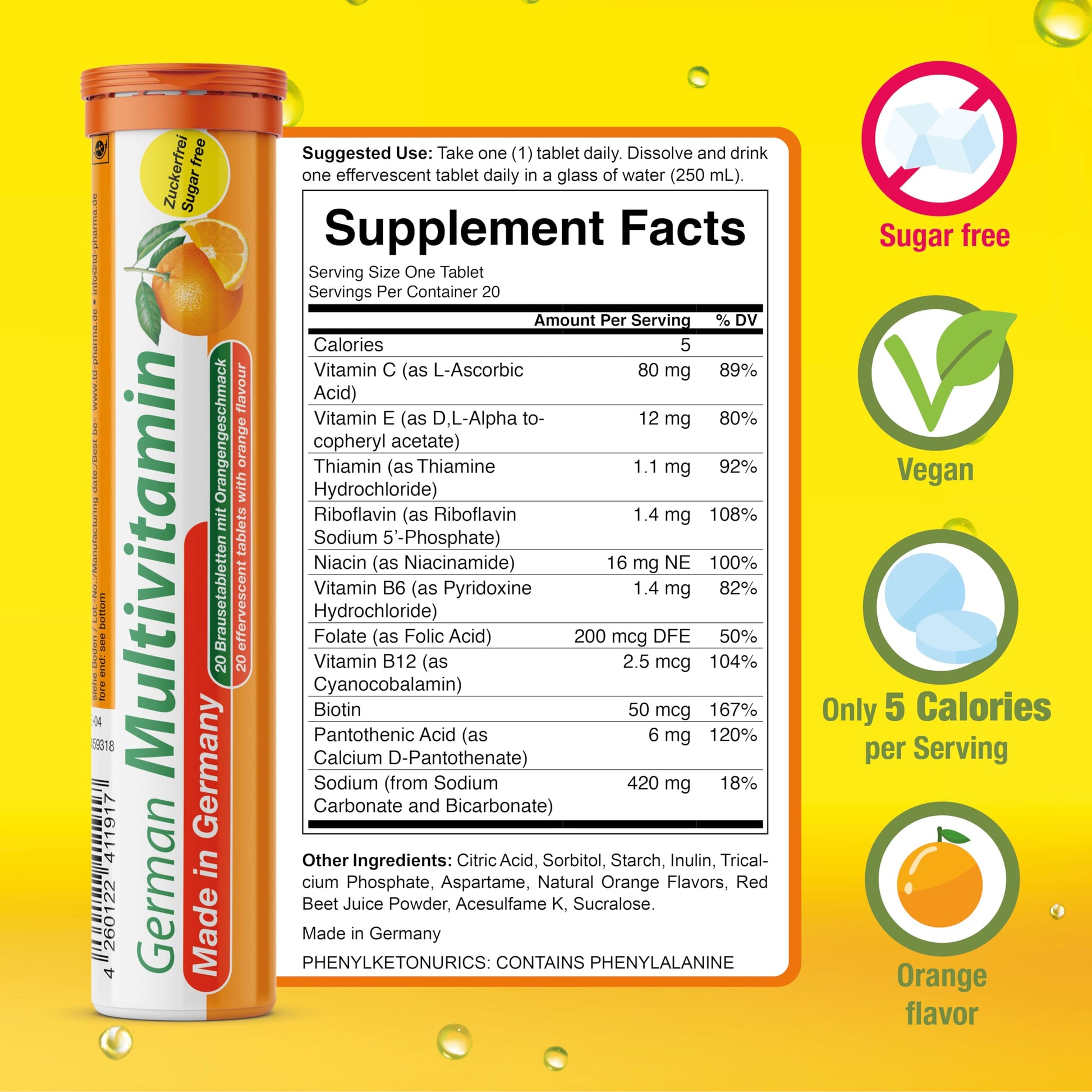 T&D German Multivitamin Drink Effervescnet Tablets 140 Servings Orange Flavour - Vitamin C, E, B1, B2, B6, B12, Biotin, Folic Acid, Niacin, Pantothenic Acid Pharma – Made in Germany T&D buy supplements Au