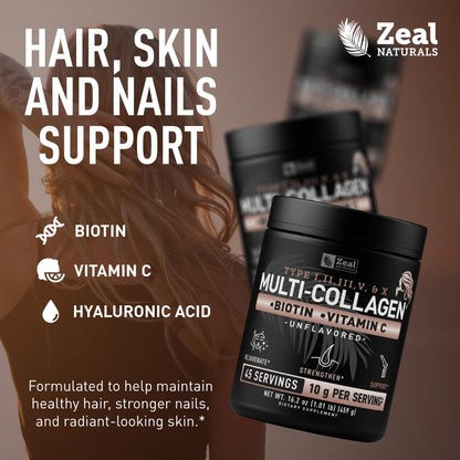 Zeal Naturals Multi Collagen Protein Peptides Powder Types I II III V X - Vitamin C, Biotin & Hyaluronic Acid - Hair, Skin & Nails - Marine, Bovine, Chicken & Eggshell - Unflavored, 45 Servings Zeal Naturals buy supplements Au