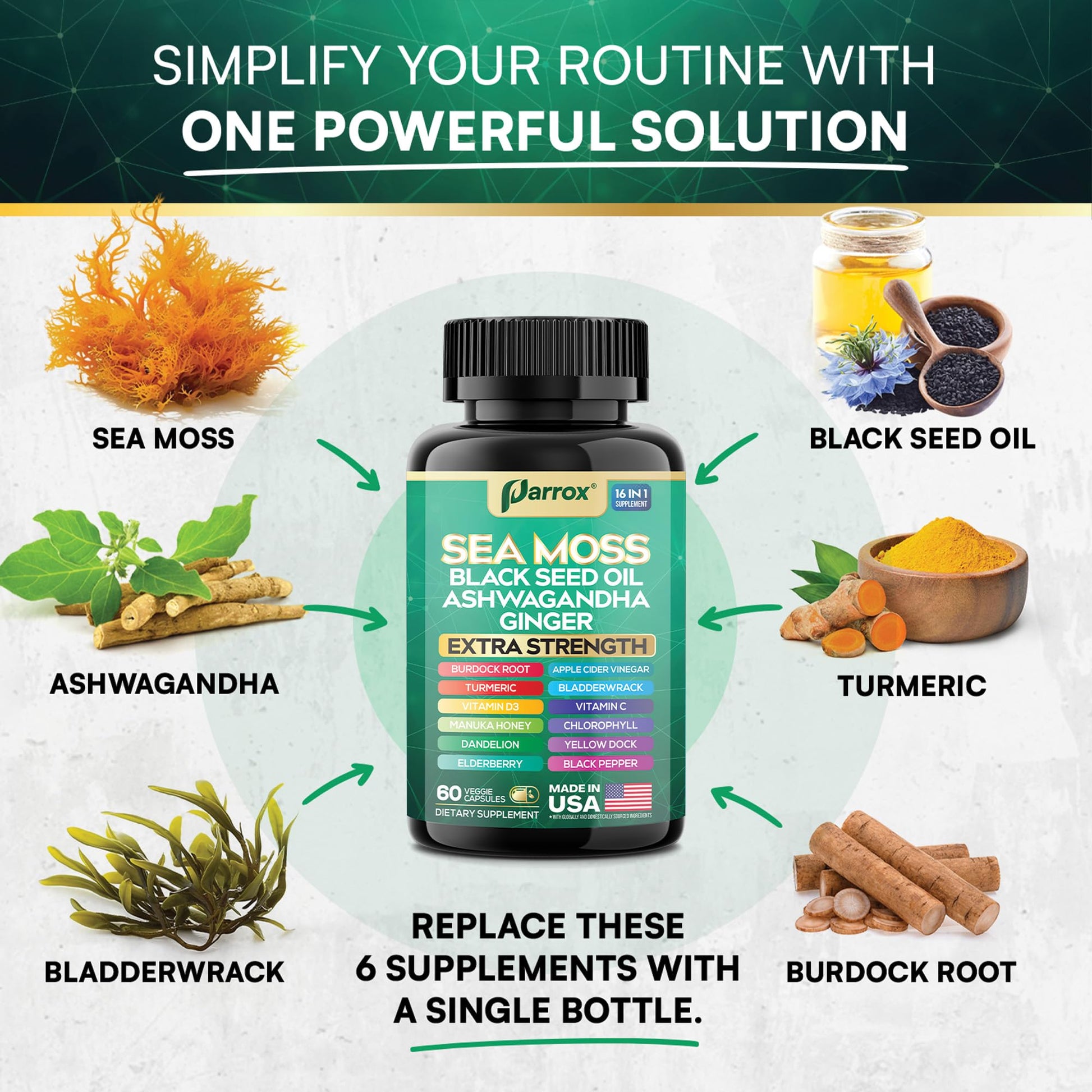 Parrox Sea Moss, Black Seed Oil, Ashwagandha, Turmeric, Chlorophyll, Dandelion, Ginger, Vitamin D3, Black Pepper, Elderberry, ACV, Yellow Dock, Burdock Root, Manuka, Vitamin C, Bladderwrack (60 Caps) ParroxBuy Supplements Australia