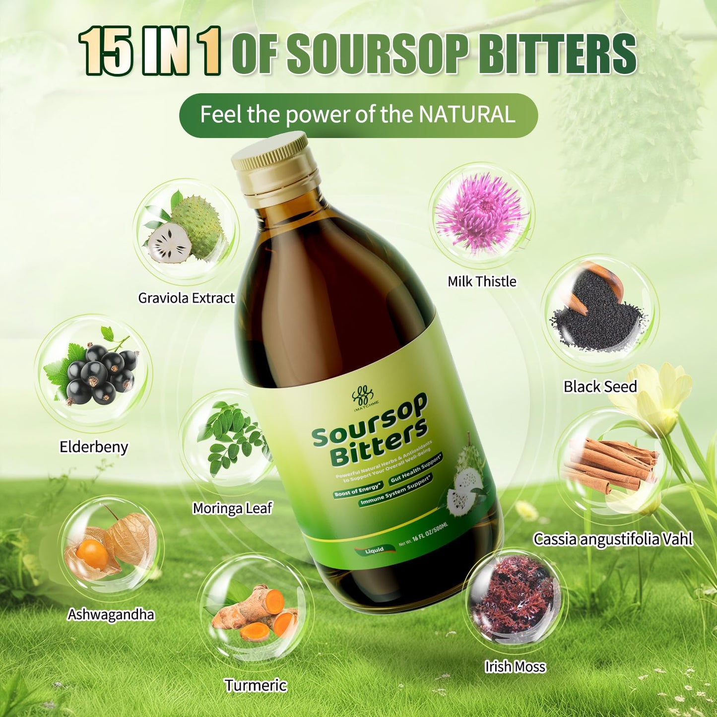 Soursop Bitters Liquid for Digestive Health,Gut Detox&Cleanse,Antioxidant,Immune Support,Skin Health-Pure 15 Herb Guanabana Tea with Black Seed,Moringa & Turmeric