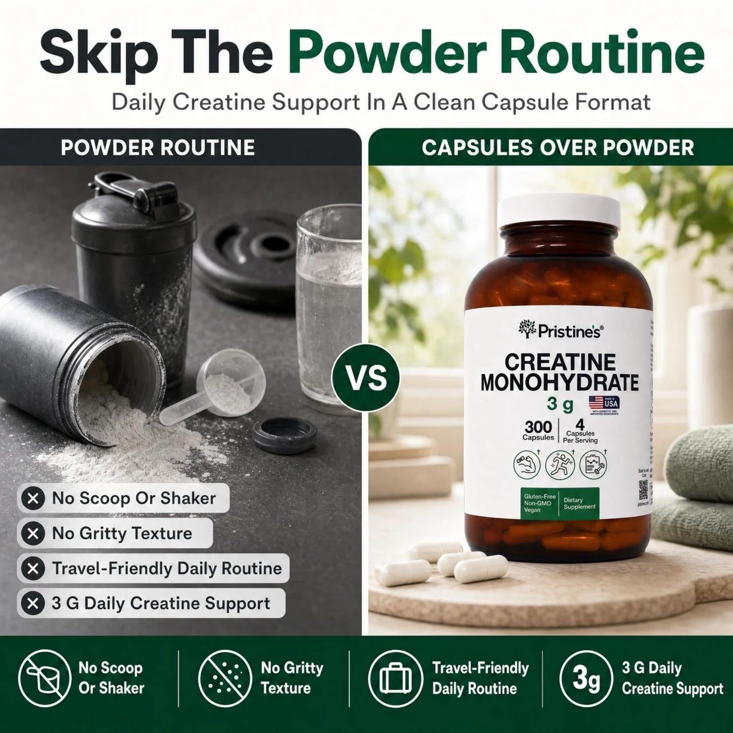PRISTINE'S Creatine Monohydrate Capsules for Women & Men - NSF Certified 75 Day Supply 3G Creatine Pills for Women - Cognitive & Athletic Performance Support