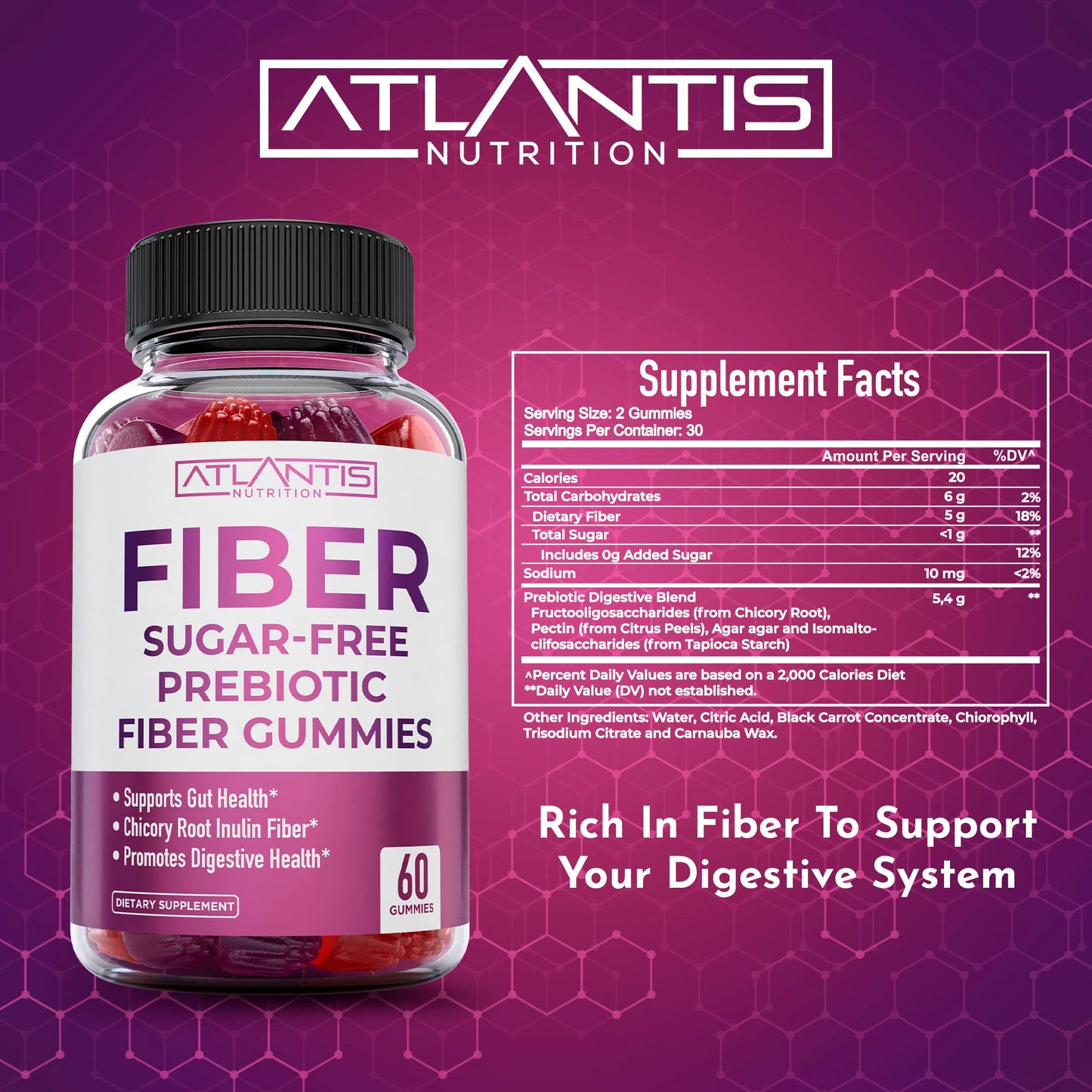 Atlantis Nutrition Sugar Free Fiber Gummies for Adults - 5G Fiber Supplement Formulated with 5.4G Prebiotic Digestive Blend/Serving - Supports Gut Health & Healthy Digestion