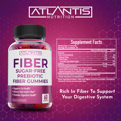 Atlantis Nutrition Sugar Free Fiber Gummies for Adults - 5G Fiber Supplement Formulated with 5.4G Prebiotic Digestive Blend/Serving - Supports Gut Health & Healthy Digestion