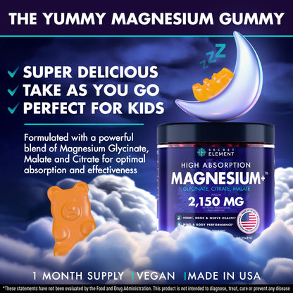 Magnesium Glycinate 2150MG Gummies for Women and Men, High Absorption Magnesium Glycinate, Citrate, Malate Gummies for Adults & Kids, Sleep Support, Sugar Free, Vegan, 60 Chews, Orange Secret ElementBuy Supplements Australia