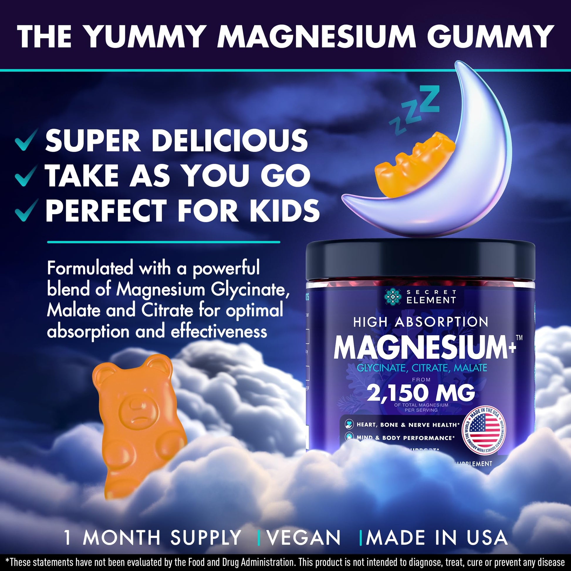 Secret Element Magnesium Glycinate 2150MG Gummies for Women and Men, High Absorption Magnesium Glycinate, Citrate, Malate Gummies for Adults & Kids, Sleep Support, Sugar Free, Vegan, 60 Chews, Orange Secret Element buy supplements Au
