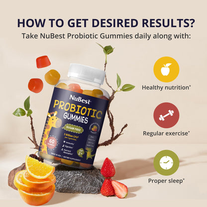 NuBest Daily Probiotic Gummies for Kids & Teens with 5 Billion CFUs | Supports Immune, Gut, and Digestive Health | No Added Sugar | Yummy Strawberry