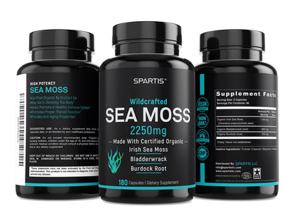 SPARTIS Certified Organic Sea Moss Capsules 2250mg Wildcrafted Irish Sea Moss Burdock Root Bladderwrack Supplement Raw Seamoss Pills & Powder (Pack of 1 at 180-Caps) SPARTISBuy Supplements Australia