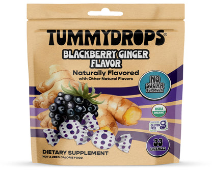 Tummydrops, No Sugar Sweet Blackberry Ginger Flavor, Gluten Free & Vegan, 33 Individually Wrapped Organic Ginger Lozenges Made with Organic Monkfruit