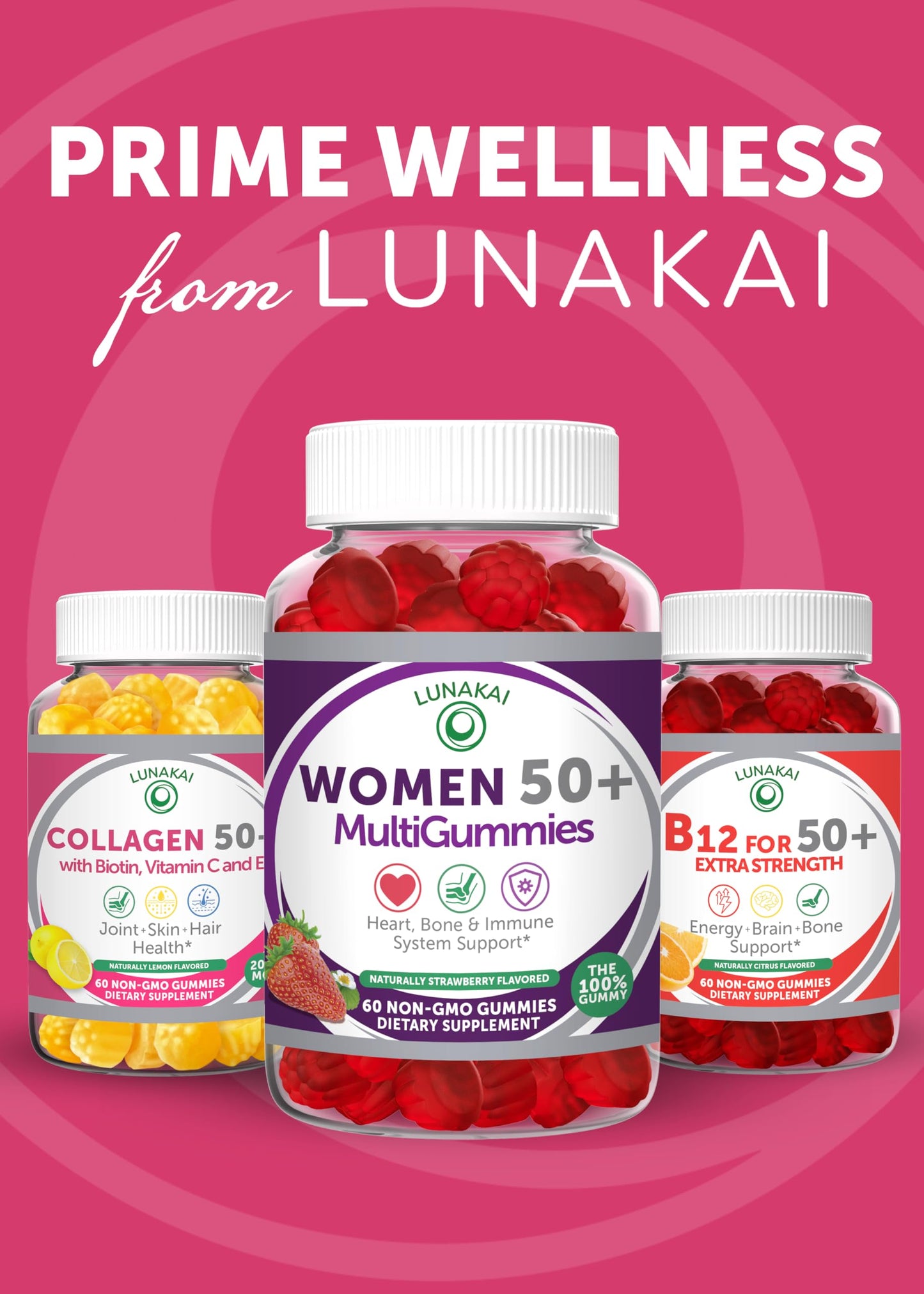 Lunakai USA Made Collagen Gummies for Women & Men Over 50, Biotin & Vitamin C, Supports Skin Elasticity, Hair & Nail Strength, Joint Support, 60ct Lunakai buy supplements Au