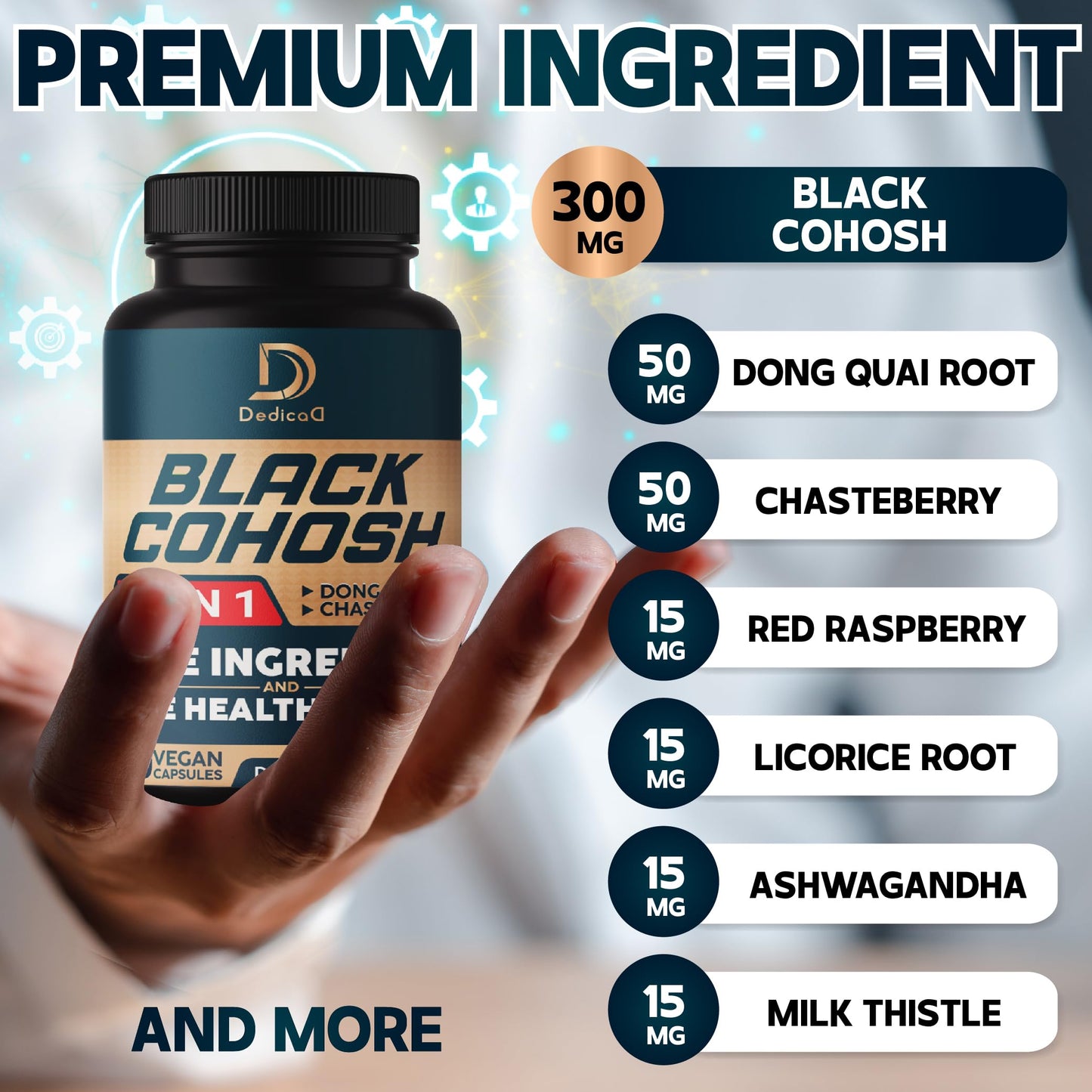 DEDICAD Black Cohosh Supplement - 3 Months for Menopause & Immune Health - Blend of 12 Potent Herb Includes Dong Quai, Chasteberry, Wild Yam, Red Clover, Black Pepper & Others - 90 Vegan Capsules DEDICAD buy supplements Au