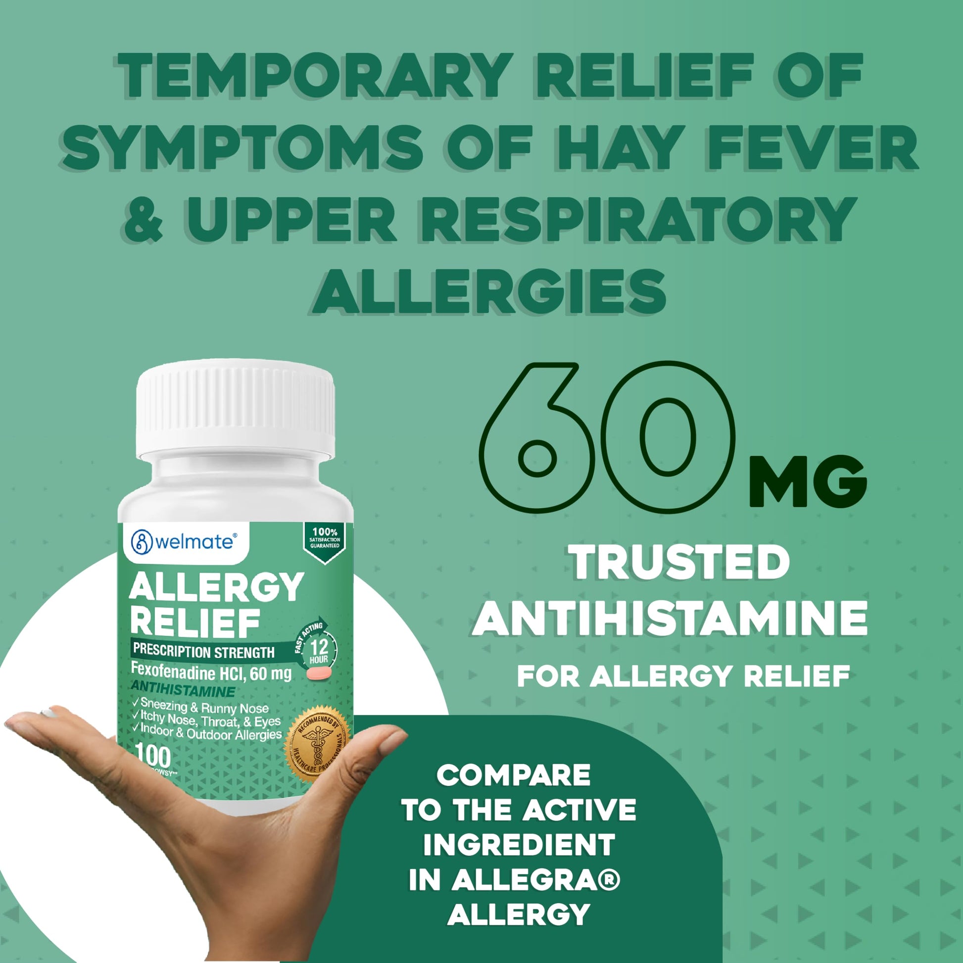 WELMATE - Fexofenadine Hydrochloride 60mg (100 Tablets) - Non Drowsy Allergy Medicine - 12 Hours - Antihistamine - Nose, Eyes, Throat - Generic Allergy Pills - Gluten Free, Over-the-Counter Medication WELMATE buy supplements Au