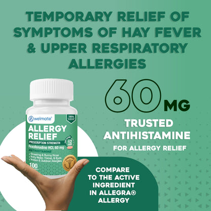 WELMATE - Fexofenadine Hydrochloride 60mg (100 Tablets) - Non Drowsy Allergy Medicine - 12 Hours - Antihistamine - Nose, Eyes, Throat - Generic Allergy Pills - Gluten Free, Over-the-Counter Medication WELMATE buy supplements Au